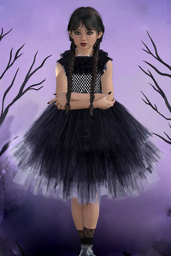 Robe de fille d’Halloween à volants en tulle noir à plusieurs niveaux