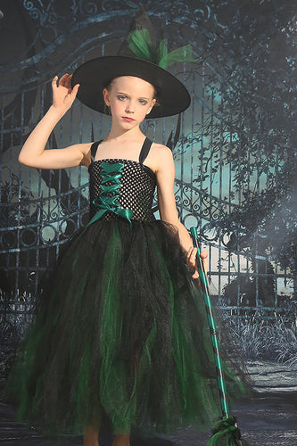 Vert foncé Lace-Up Front Tulle Halloween Robe de fille