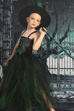 Vert foncé Lace-Up Front Tulle Halloween Robe de fille