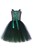 Vert foncé Lace-Up Front Tulle Halloween Robe de fille