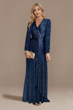 Robe de mère de la mariée marine scintillante à manches longues