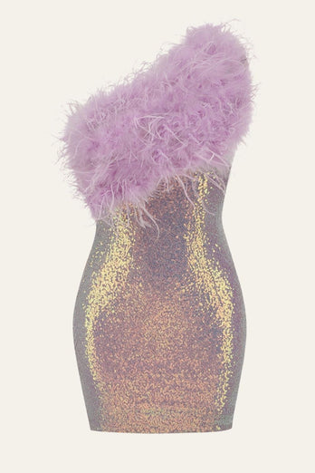 Patchwork de paillettes à une épaule moulante violet Robe de cocktail avec plume