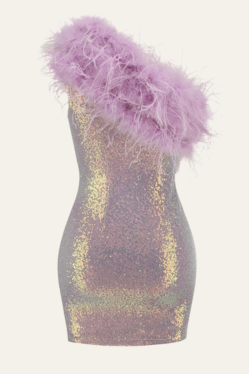 Charger l&#39;image dans la galerie, Patchwork de paillettes à une épaule moulante violet Robe de cocktail avec plume