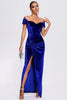 Charger l&#39;image dans la galerie, Robe de soirée de vacances en velours bleu royal à épaules dénudées avec fente