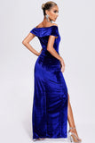 Robe de soirée de vacances en velours bleu royal à épaules dénudées avec fente