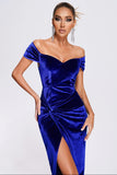 Robe de soirée de vacances en velours bleu royal à épaules dénudées avec fente