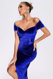 Robe de soirée de vacances en velours bleu royal à épaules dénudées avec fente