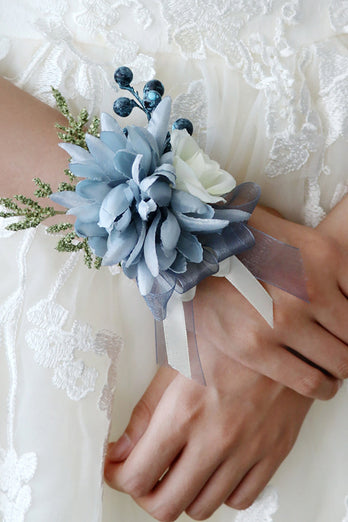Corsage de poignet bleu gris et hommes boutonnière ensemble pour la fête de mariage de bal