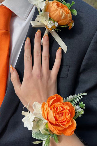 Corsage de poignet orange et hommes boutonnière ensemble pour la fête de mariage de bal