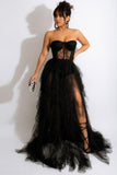 Robe de Soirée noire en tulle chérie avec fente