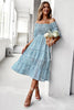 Charger l&#39;image dans la galerie, Col carré bleu floral imprimé robe d’été