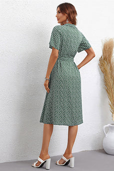 Robe d’été à manches courtes imprimée en V imprimée verte