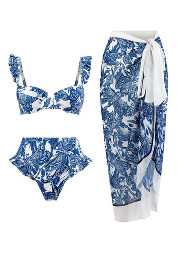 3 pièces bleu imprimé Bikini Set Cravate Robe de plage