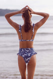 3 pièces bleu imprimé Bikini Set Cravate Robe de plage