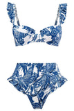 3 pièces bleu imprimé Bikini Set Cravate Robe de plage