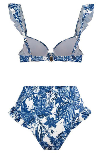 3 pièces bleu imprimé Bikini Set Cravate Robe de plage