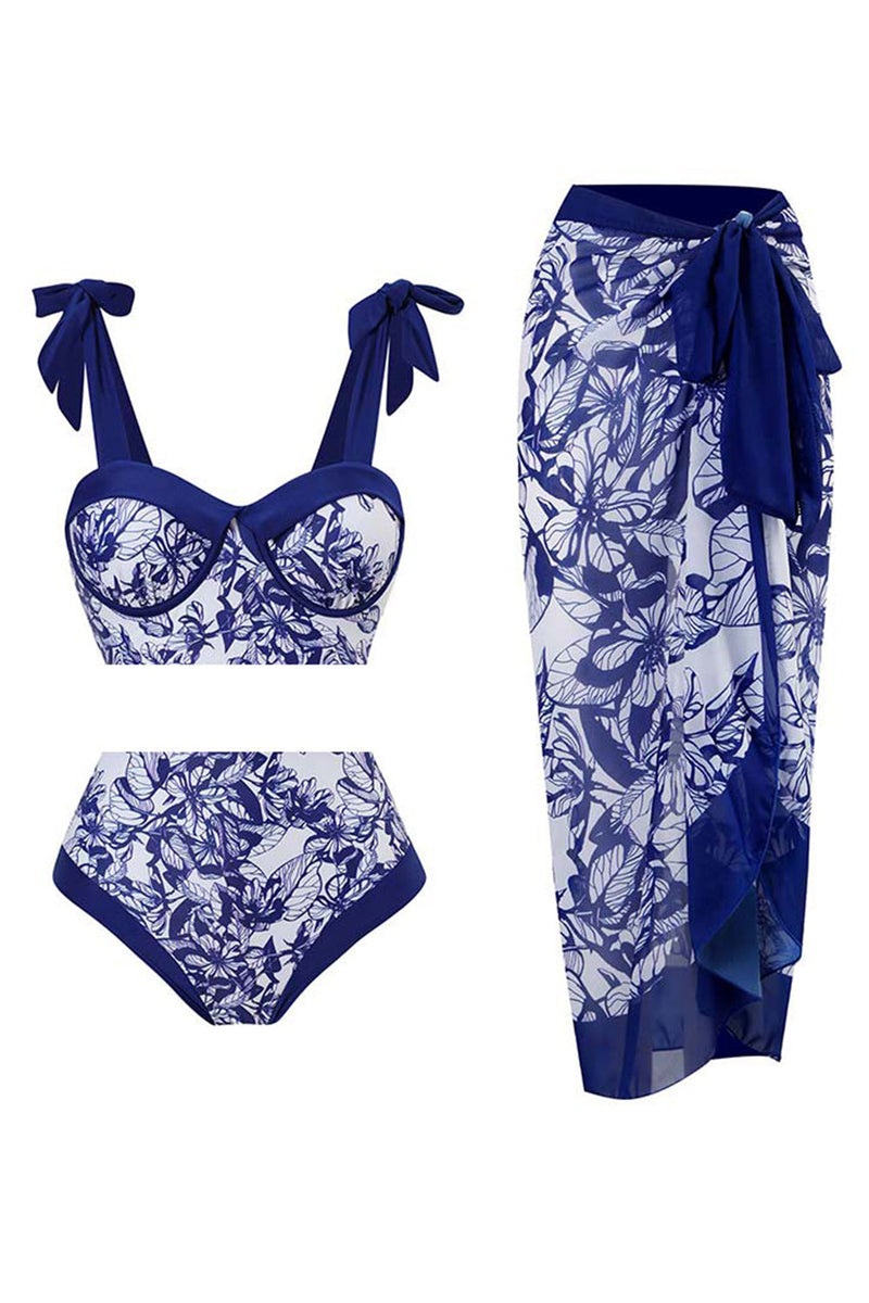Charger l&#39;image dans la galerie, Taille haute imprimée bleu foncé 3 pièces Ensemble de maillots de bain avec robe de plage