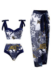 Taille haute imprimée bleu foncé 3 pièces Ensemble de maillots de bain avec robe de plage