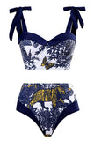 Taille haute imprimée bleu foncé 3 pièces Ensemble de maillots de bain avec robe de plage