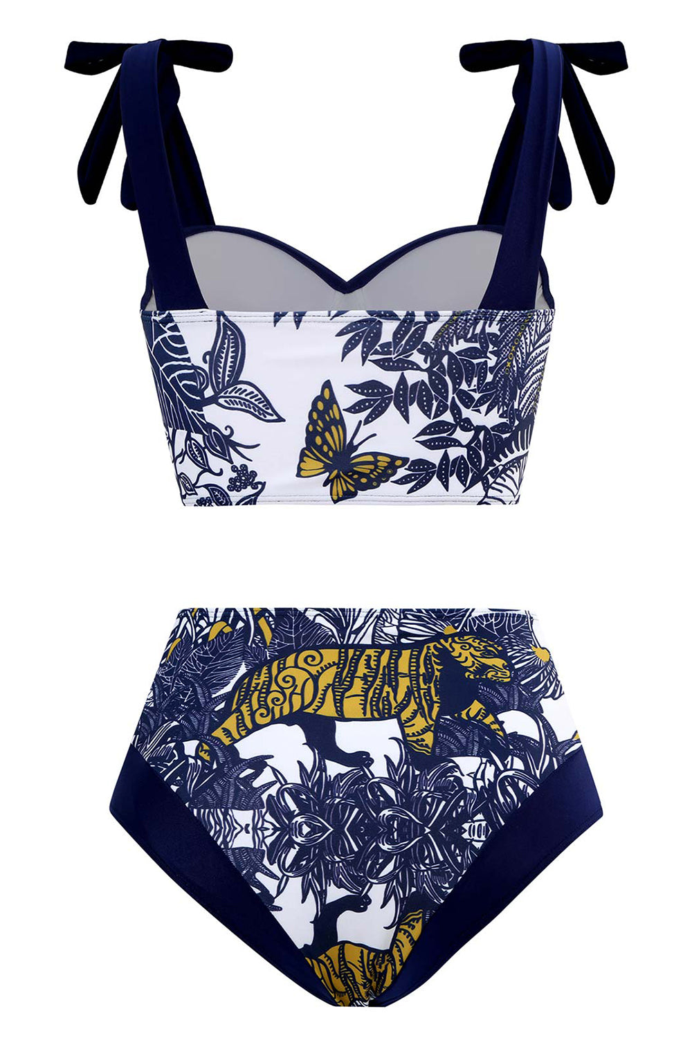 Taille haute imprimée bleu foncé 3 pièces Ensemble de maillots de bain avec robe de plage