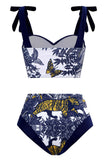 Taille haute imprimée bleu foncé 3 pièces Ensemble de maillots de bain avec robe de plage