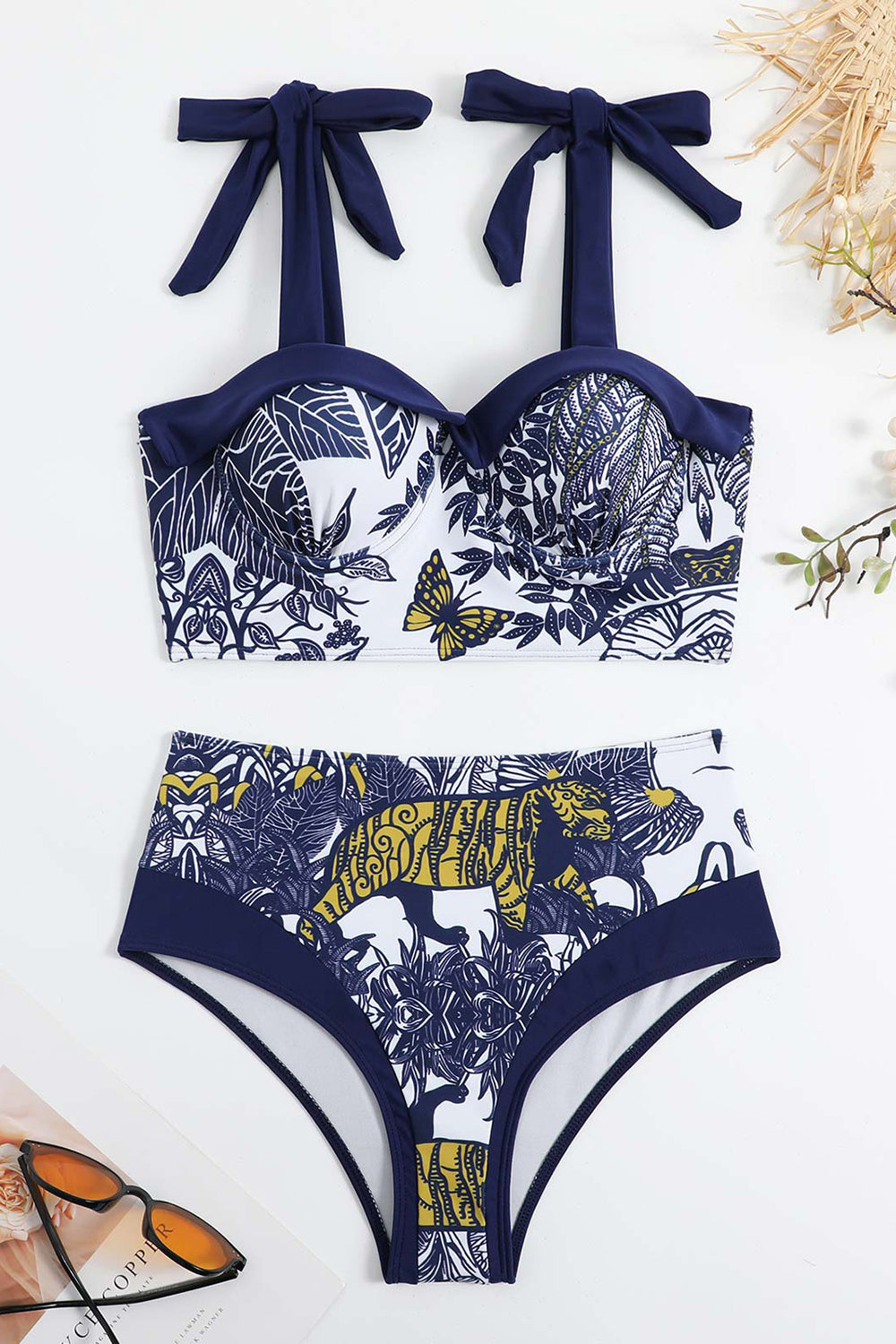 Taille haute imprimée bleu foncé 3 pièces Ensemble de maillots de bain avec robe de plage