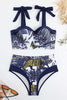 Charger l&#39;image dans la galerie, Taille haute imprimée bleu foncé 3 pièces Ensemble de maillots de bain avec robe de plage