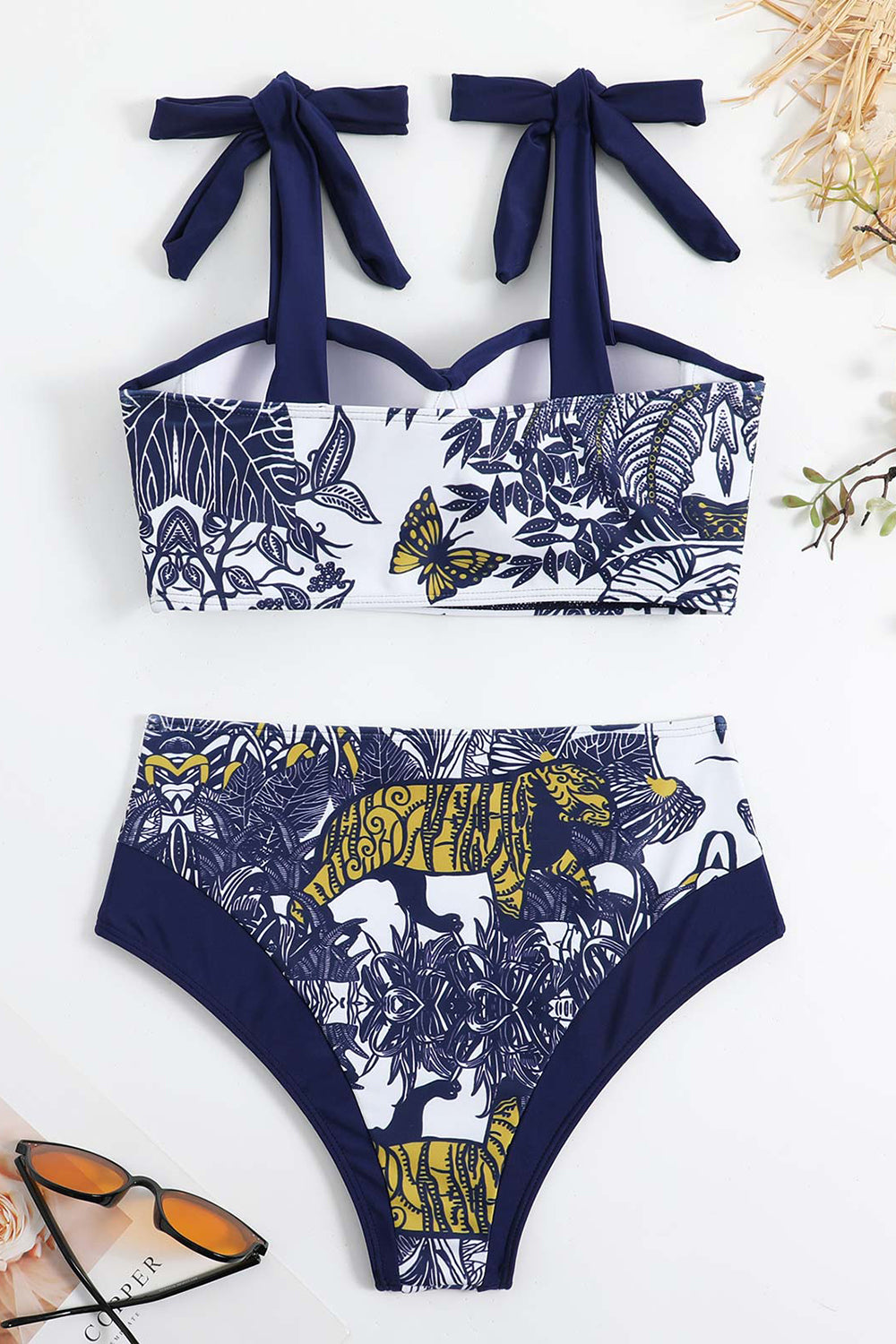 Taille haute imprimée bleu foncé 3 pièces Ensemble de maillots de bain avec robe de plage