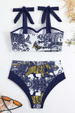 Taille haute imprimée bleu foncé 3 pièces Ensemble de maillots de bain avec robe de plage