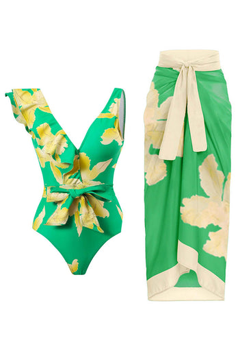 Ensemble de bikini vert imprimé deux pièces avec jupe de plage