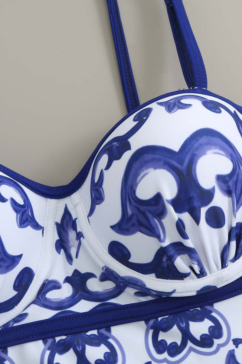 Charger l&#39;image dans la galerie, Porcelaine Bleue et Blanche Impression Taille Haute Maillot de bain une pièce