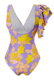 Maillot de bain violet une pièce taille haute imprimé de fleurs