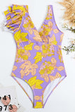 Maillot de bain violet une pièce taille haute imprimé de fleurs