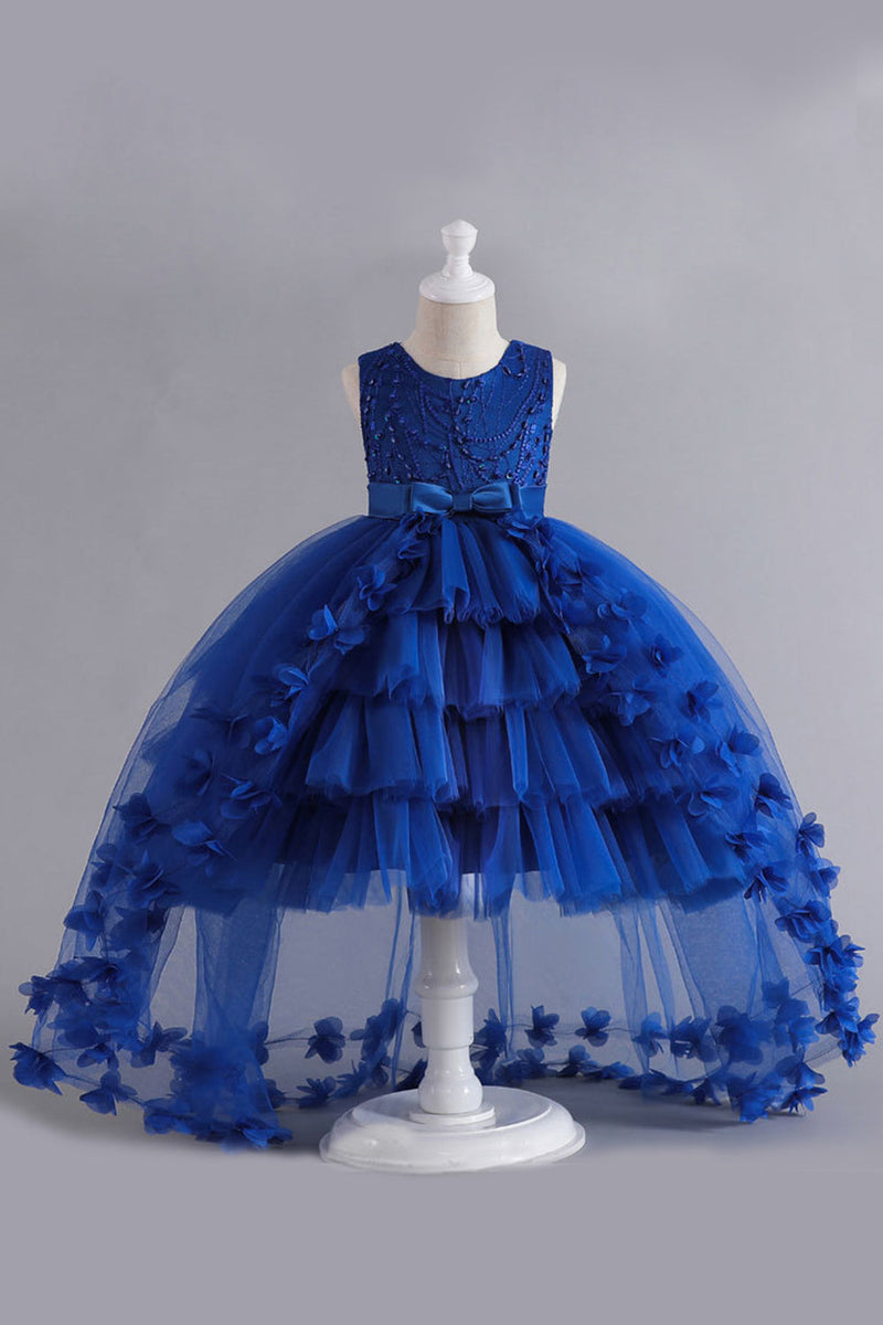 Charger l&#39;image dans la galerie, Robe bleue haute basse pour filles avec nœud papillon