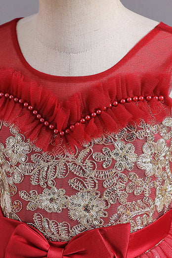 Robe de fille perlée rouge A Line avec nœud