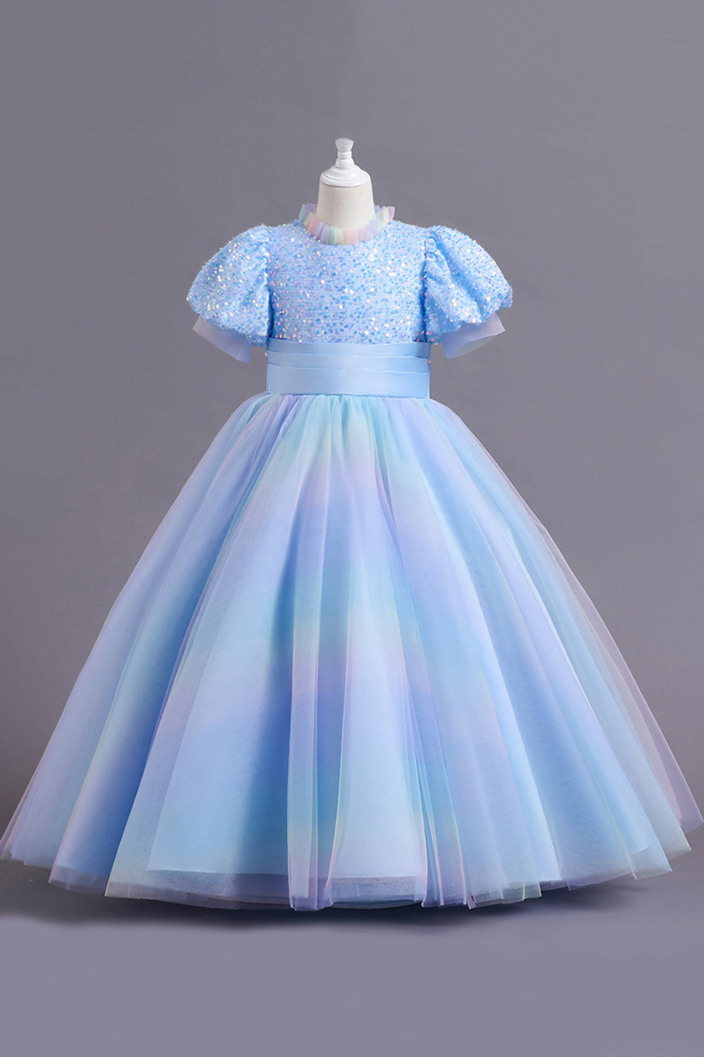 Puff Sleeves Blue Sequins Tulle Robe Fille