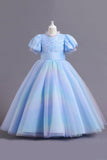 Puff Sleeves Blue Sequins Tulle Robe Fille