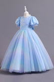 Puff Sleeves Blue Sequins Tulle Robe Fille