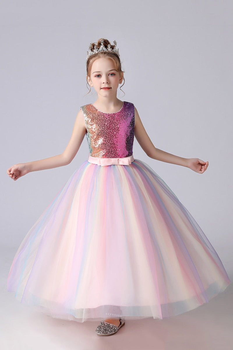 Charger l&#39;image dans la galerie, A-Line Sparkly Rose Sequins Kids Girls&#39; Dress with Bows