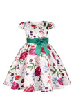Robe bleue fleurie pour filles avec nœud papillon