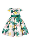 Robe bleue fleurie pour filles avec nœud papillon