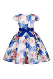 Robe bleue fleurie pour filles avec nœud papillon