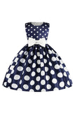 Robe de fille à pois bleu foncé avec nœud papillon