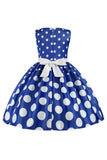 Robe de fille à pois bleu foncé avec nœud papillon