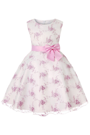 Broderie Bleue Dentelle Robe pour filles avec nœud papillon