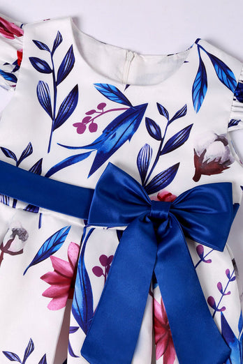 Robe de soirée bleue à manches bouffantes pour filles avec nœud papillon