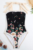 Ensemble de maillots de bain une pièce noir imprimé vintage avec jupe de plage