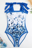 Ensemble de maillots de bain une pièce noir imprimé vintage avec jupe de plage