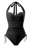 Maillot de bain noir à col rond Halter One Piece avec cordon de serrage