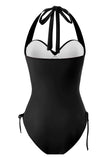 Maillot de bain noir à col rond Halter One Piece avec cordon de serrage